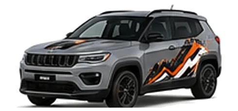 Jeep Compass in Sting-Gray with custom vinyl graphics, front three-quarter view.