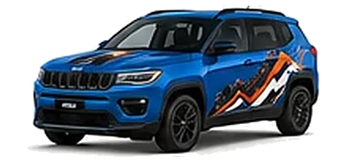 Jeep Compass in Hydro Blue with custom vinyl graphics, front three-quarter view.
