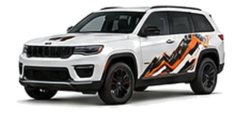 Jeep Grand Cherokee in Bright White with Jeep adventure vinyl graphics, front three-quarter view on a white background.