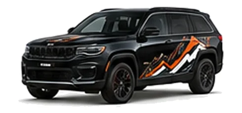 Jeep Grand Cherokee in Black with Jeep adventure vinyl graphics, front three-quarter view on a white background.
