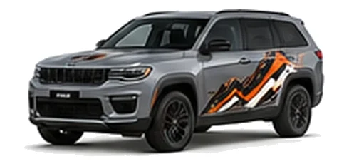 Jeep Grand Cherokee in Sting-Gray with custom vinyl graphics, front three-quarter view.