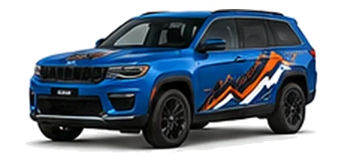 Jeep Grand Cherokee in Hydro Blue with custom vinyl graphics, front three-quarter view.