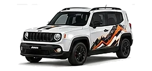 Jeep Renegade in Bright White with Jeep adventure vinyl graphics, front three-quarter view on a white background.