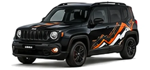 Jeep Renegade in Black with Jeep adventure vinyl graphics, front three-quarter view on a white background.