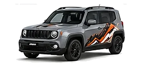 Jeep Renegade in Sting-Gray with custom vinyl graphics, front three-quarter view.
