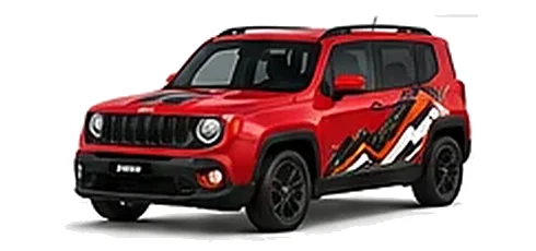 Jeep Renegade in Firecracker Red with custom vinyl graphics, front three-quarter view.