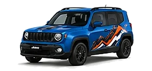 Jeep Renegade in Hydro Blue with custom vinyl graphics, front three-quarter view.