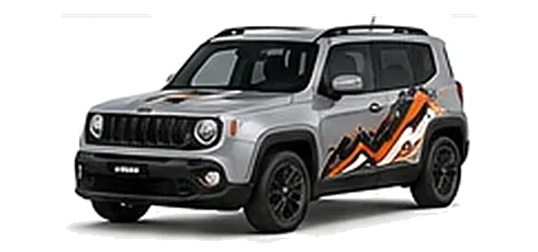 Jeep Renegade in Silver Zynith with custom vinyl graphics, front three-quarter view.