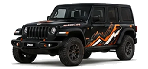 Jeep Wrangler in Black with Jeep adventure vinyl graphics, front three-quarter view on a white background.