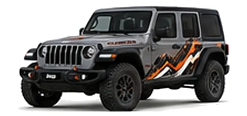 Jeep Wrangler in Sting-Gray with custom vinyl graphics, front three-quarter view.