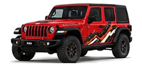 Jeep Wrangler in Firecracker Red with custom vinyl graphics, front three-quarter view.