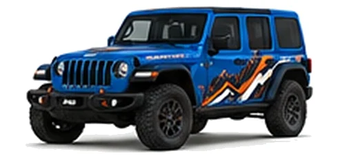 Jeep Wrangler in Hydro Blue with custom vinyl graphics, front three-quarter view.