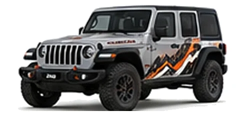 Jeep Wrangler in Silver Zynith with custom vinyl graphics, front three-quarter view.