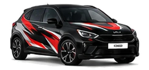 Kia Ceed in Phantom Black with black, white and red angular vinyl graphics, front three-quarter view on a white background.