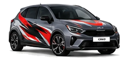 Kia Ceed in Dark Penta Metal with black, white and red angular vinyl graphics, front three-quarter view on a white background.