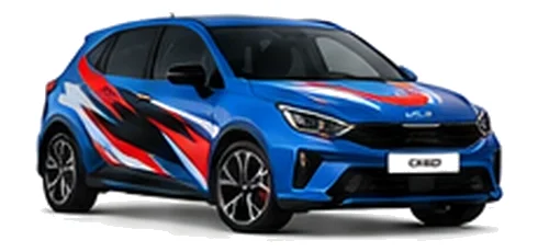 Kia Ceed in Blue Flame with black, white and red angular vinyl graphics, front three-quarter view on a white background.