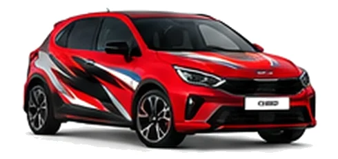 Kia Ceed in Infra Red with black, white and red angular vinyl graphics, front three-quarter view on a white background.