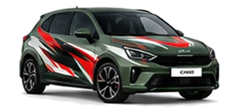 Kia Ceed in Experience Green with black, white and red angular vinyl graphics, front three-quarter view on a white background.