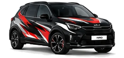 Kia Niro in Phantom Black with black, white and red angular vinyl graphics, front three-quarter view on a white background.