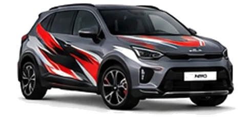 Kia Niro in Dark Penta Metal with black, white and red angular vinyl graphics, front three-quarter view on a white background.