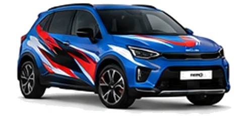 Kia Niro in Blue Flame with black, white and red angular vinyl graphics, front three-quarter view on a white background.