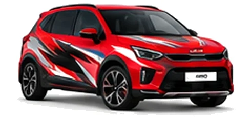 Kia Niro in Infra Red with black, white and red angular vinyl graphics, front three-quarter view on a white background.