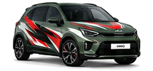Kia Niro in Experience Green with black, white and red angular vinyl graphics, front three-quarter view on a white background.