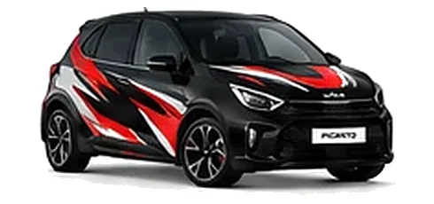 Kia Picanto in Phantom Black with black, white and red angular vinyl graphics, front three-quarter view on a white background.