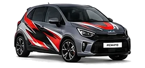 Kia Picanto in Dark Penta Metal with black, white and red angular vinyl graphics, front three-quarter view on a white background.