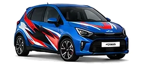 Kia Picanto in Blue Flame with black, white and red angular vinyl graphics, front three-quarter view on a white background.