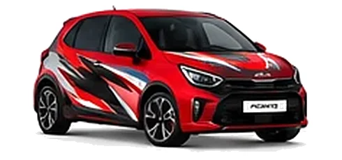 Kia Picanto in Infra Red with black, white and red angular vinyl graphics, front three-quarter view on a white background.