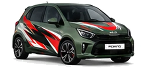 Kia Picanto in Experience Green with black, white and red angular vinyl graphics, front three-quarter view on a white background.