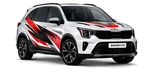 Kia Sorento in Fusion White with black, white and red angular vinyl graphics, front three-quarter view on a white background.