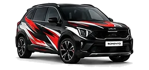 Kia Sorento in Phantom Black with black, white and red angular vinyl graphics, front three-quarter view on a white background.