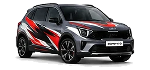 Kia Sorento in Dark Penta Metal with black, white and red angular vinyl graphics, front three-quarter view on a white background.