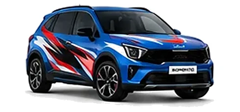 Kia Sorento in Blue Flame with black, white and red angular vinyl graphics, front three-quarter view on a white background.