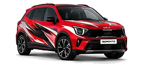 Kia Sorento in Infra Red with black, white and red angular vinyl graphics, front three-quarter view on a white background.