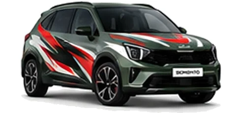 Kia Sorento in Experience Green with black, white and red angular vinyl graphics, front three-quarter view on a white background.