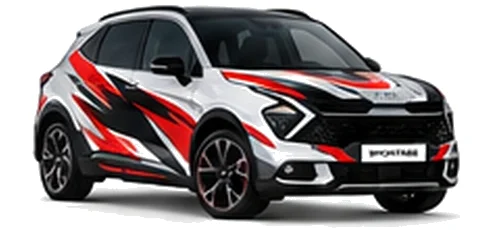 Kia Sportage in Fusion White with black, white and red angular vinyl graphics, front three-quarter view on a white background.