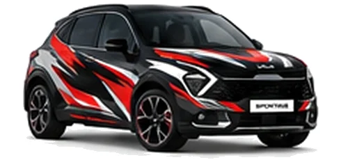 Kia Sportage in Phantom Black with black, white and red angular vinyl graphics, front three-quarter view on a white background.