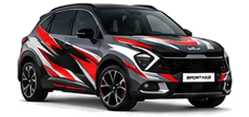 Kia Sportage in Dark Penta Metal with black, white and red angular vinyl graphics, front three-quarter view on a white background.