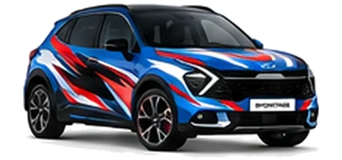 Kia Sportage in Blue Flame with black, white and red angular vinyl graphics, front three-quarter view on a white background.