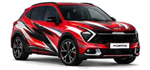 Kia Sportage in Infra Red with black, white and red angular vinyl graphics, front three-quarter view on a white background.