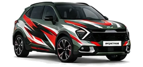 Kia Sportage in Experience Green with black, white and red angular vinyl graphics, front three-quarter view on a white background.