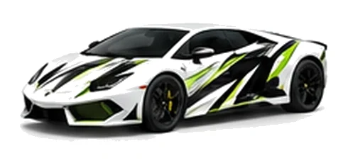 Lamborghini Aventador in Bianco Monocerus with contrasting black, white and lime angular vinyl graphics, front three-quarter view on a white background.
