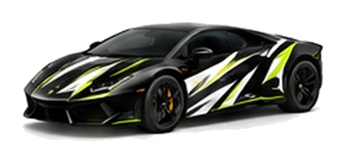 Lamborghini Aventador in Nero Noctis with contrasting black, white and lime angular vinyl graphics, front three-quarter view on a white background.