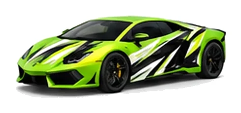 Lamborghini Aventador in Verde Mantis with contrasting black, white and lime angular vinyl graphics, front three-quarter view on a white background.