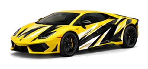 Lamborghini Aventador in Giallo Inti with contrasting black, white and lime angular vinyl graphics, front three-quarter view on a white background.