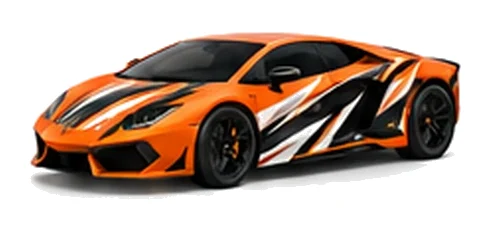 Lamborghini Aventador in Arancio Borealis with contrasting black, white and lime angular vinyl graphics, front three-quarter view on a white background.