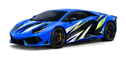 Lamborghini Aventador in Blu Eleos with contrasting black, white and lime angular vinyl graphics, front three-quarter view on a white background.